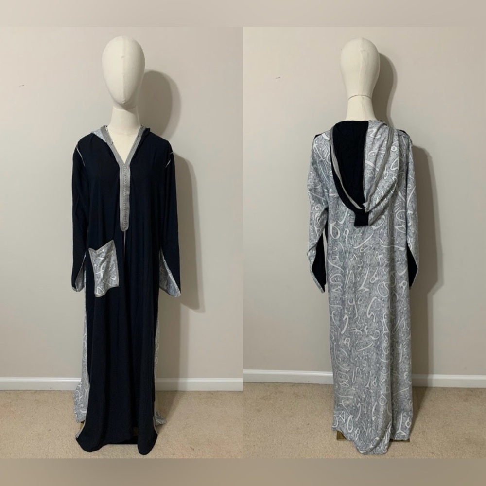 Black / White with Navy Blue Arabic Design Moroccan Dress / Traditional Abaya